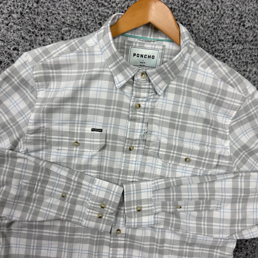 Poncho Shirt Mens Large Gray Plaid Magnetic Button Up Stretch Performance Slim